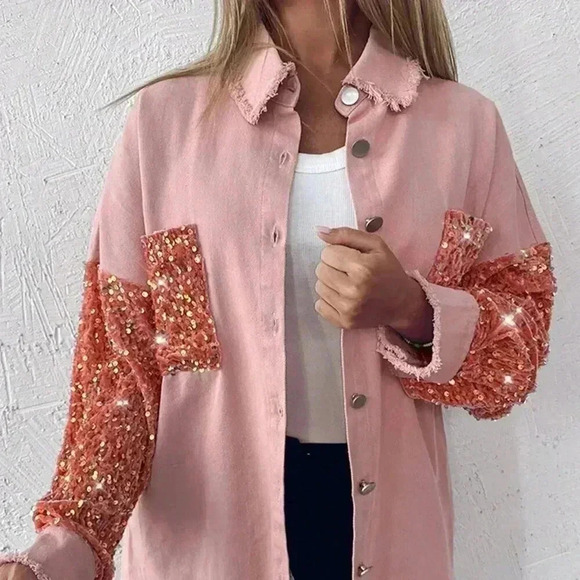 Baby Pink Party Women's Turn-Down Collar Contrast Sequin Raw Hem Button Shacket - Picture 5 of 5
